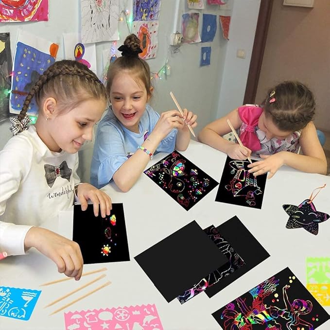 Mocoosy 60 PCS Rainbow Scratch Art Paper for Kids, Magic Scratch Paper Set Art Craft Supplies, Black Scratch Sheets Party Game Activities Birthday Easter Gifts for Girls Boys 3 4 5 6 7 8 9 Years Old