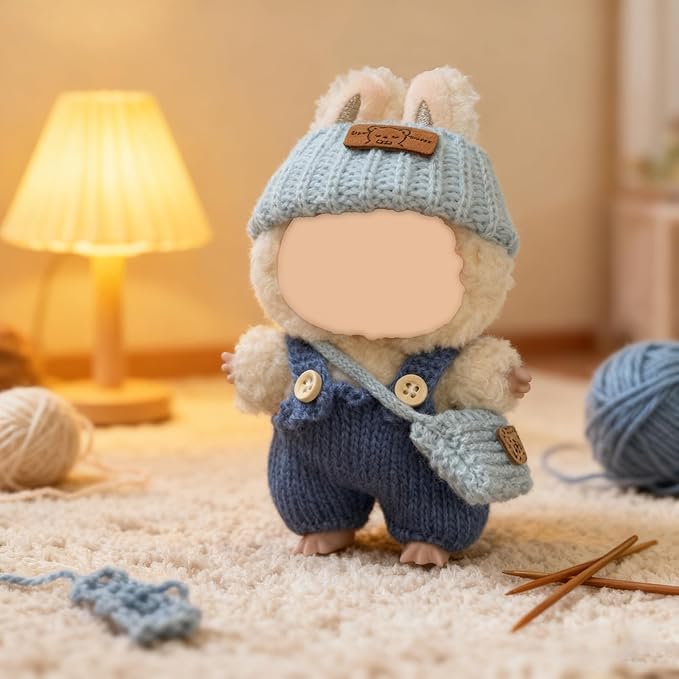 15 17cm Doll Clothes(NO Doll), Cute Dolls Outfit Accessories with Knitted Overalls + Hats + Bag, Small Kawaii Clothes Set for Dolls