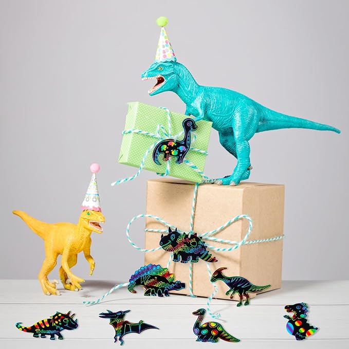 60PCS 12Style Magic Color Scratch DIY Dinosaur Paper Scratch Craft Kits Rainbow Scratch Paper Art Sets with Scratching Tools Ribbon for Party Favors Activities