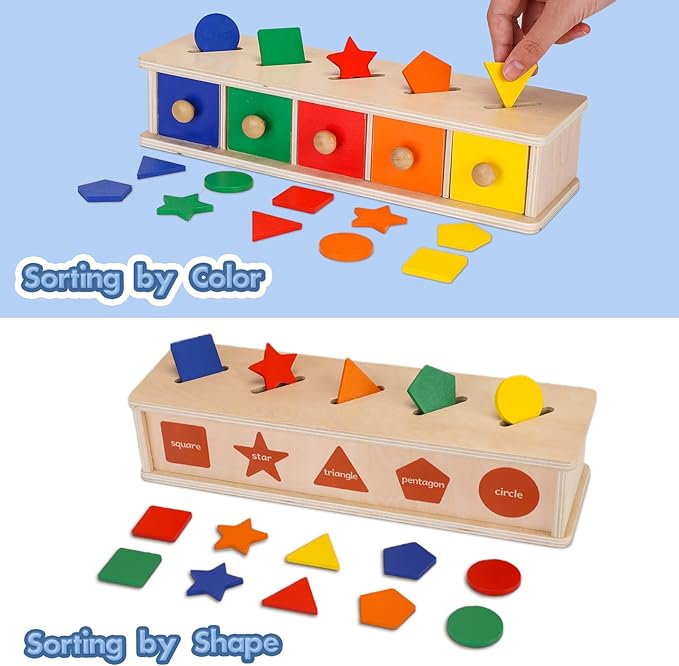Peacurh Montessori Toys Wooden Color & Shape Sorter Toys for Toddlers 1-3, Matching Box Sorting Blocks Manipulatives Preschool Learning Educational Toy for 1 2 3 4 Year Old Boy Girl Kid Gifts