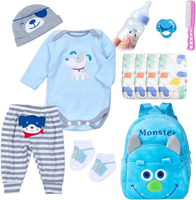 PEDOLLTREE 12 Pcs Set Reborn Baby Doll Clothes Accessories Blue Puppy Outfit Set for 18-22 Inch Newborn Baby Boy Reborn Doll Clothes with Monster Backpack