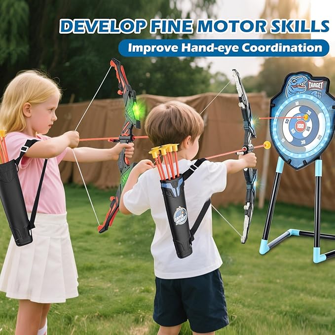 2 Pack Kids LED Archery Set with Standing Target & LED Dart Board, 20 Suction Cup Arrows Bow and Arrow for Kids 3-12, Indoor Outdoor Sport Toy for Boys Girls
