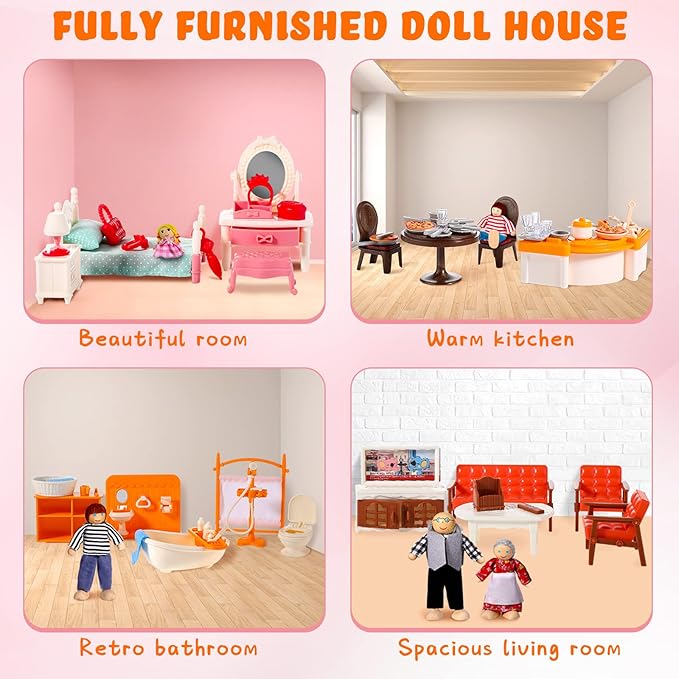 HyDren 83 Pcs Wooden Dollhouse Furniture Set with 8 Flexible Dolls for 5 Rooms Kits Kitchen, Dining, Living Room, Bedroom, Bathroom Dollhouse Accessories and Furniture Toys for Girl Boy Toddlers Gift