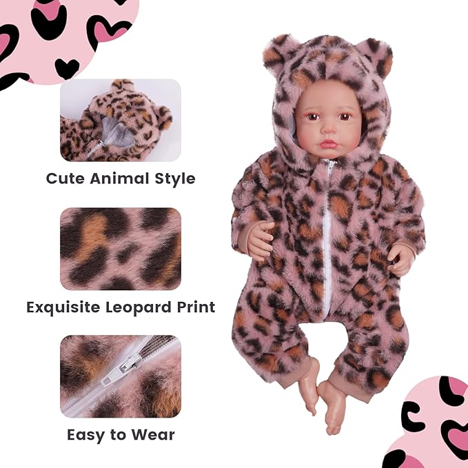 BABESIDE Reborn Baby Doll Clothes Set for 17-22 Inch Dolls, Cozy Babydolls Clothes with Hat for Lifelike Reborn Baby Doll Accessories, Leopard Print
