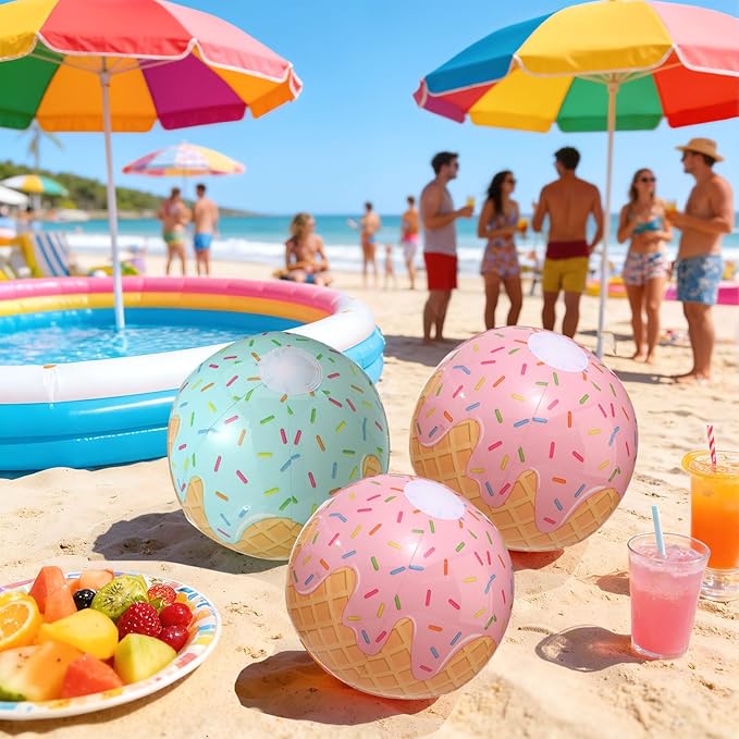 8 Pack Ice Cream Themed Beach Ball 7.87" Bulk for Summer Pool and Beach Game Gifts Birthday Party Supplies Decorations Favor Blue and Pink