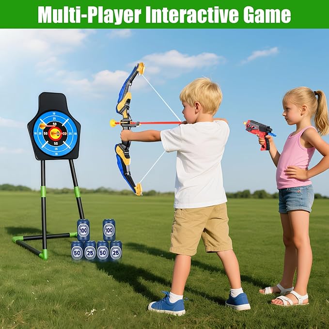 2 Pack Bow and Arrow Toy : Sports Toys for 5 6 7 8 9 10 11 12 Year Old Boys | with 24 Suction Cup Arrows, 1 Standing Target, 6 Score Targets & 2 Quiver | Indoor Outdoor Sport Gifts for Ages 4-8 8-12