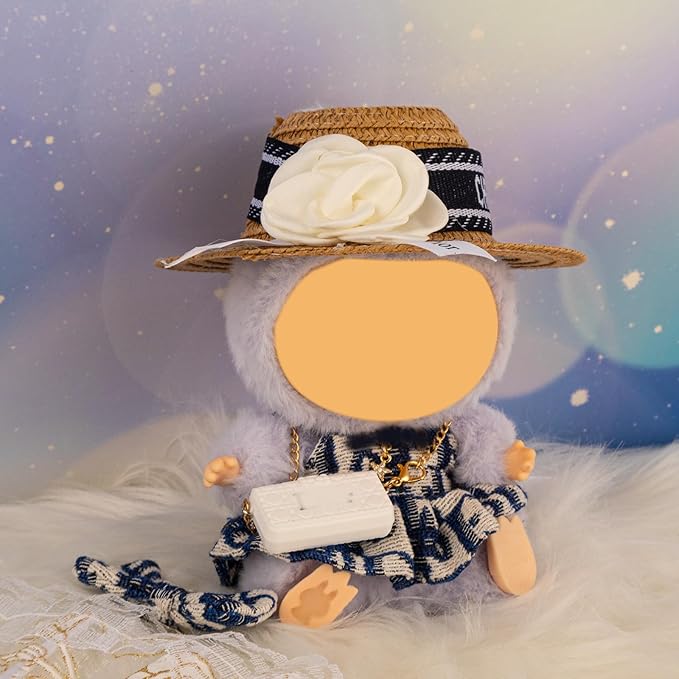Doll Clothing Set (No Doll), Cute Cropped Straw Hat, Crossbody Bag, Dress, Suitable for 15-17cm Dolls, Outfit Accessory Set for Unique Styling (Blue-4PCS)