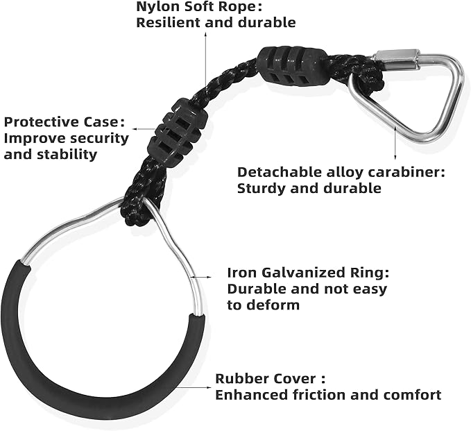 Hanging Ninja Gymnastic Ring Swing Monkey Bar Climbing Bar Jungle Fist For Outdoor Indoor Backyard Activities, 2 Pack Black Obstacle Course Rings Workout Playground Training Equipment Trapeze Play Set