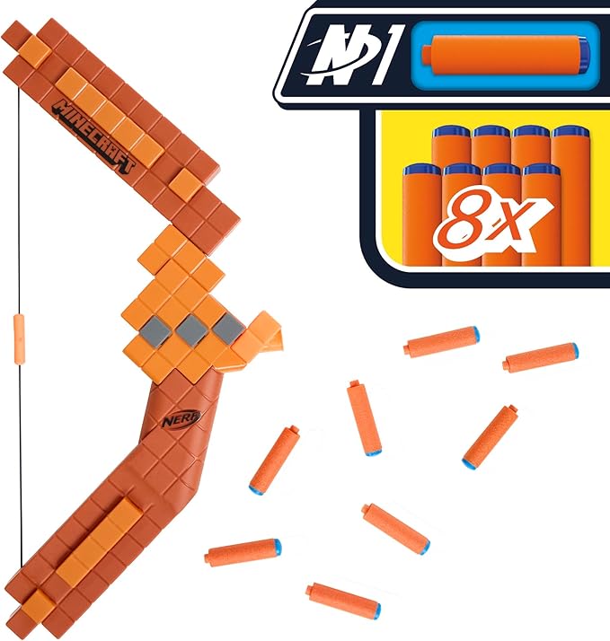 Nerf Minecraft Bow Dart Blaster, Pull-Back String Priming, 8 N1 Darts Compatible Only N1 Dart Blasters, Ages 8+