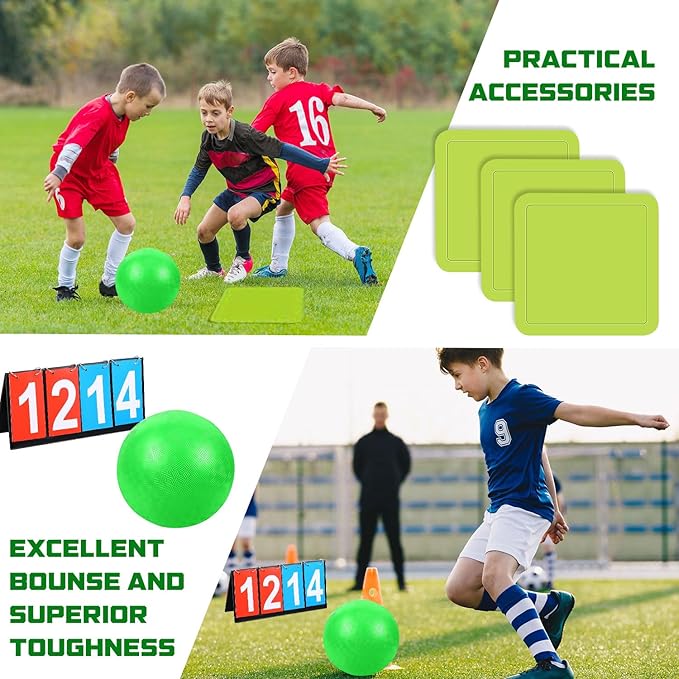 Huaerle 18 Pcs Sports Kickball Set Includes 2 Playground Ball with Air Pump 4 Rubber Throw Down Bases 10 Foul Line Cones and a Flip Scoreboard for Boys Girls Adults Playground School Backyard