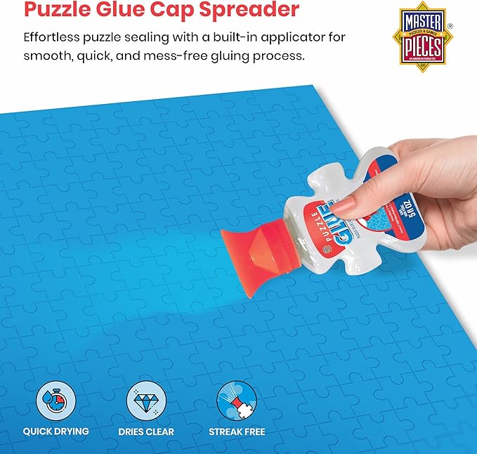 MasterPieces Puzzle Glue 5oz Shaped Bottle - Clear - Jigsaw Puzzle with Vibrant Artwork and Durable Pieces - Fun Family Activity, Brain Challenge, and Educational Entertainment for Teens and Adults