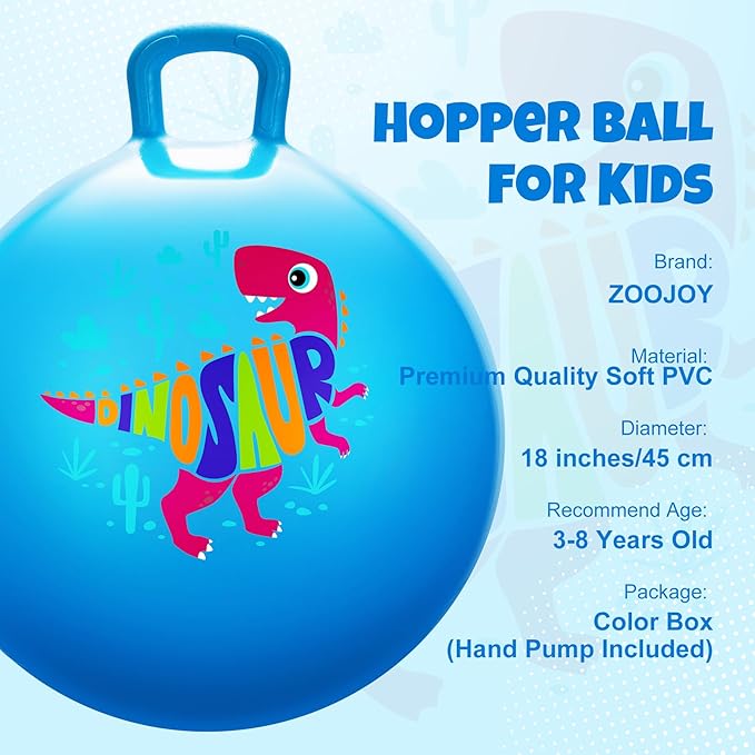 ZOOJOY Hopper Ball for Kids18In Bouncy Balls with Handle, Blue Dinosaur Indoor Outdoor Boys Toys for Active Play with Pump, Easter Basket Stuffers Girls Boys Gifts for 3 4 5 6 7 8Yr Balance Toys