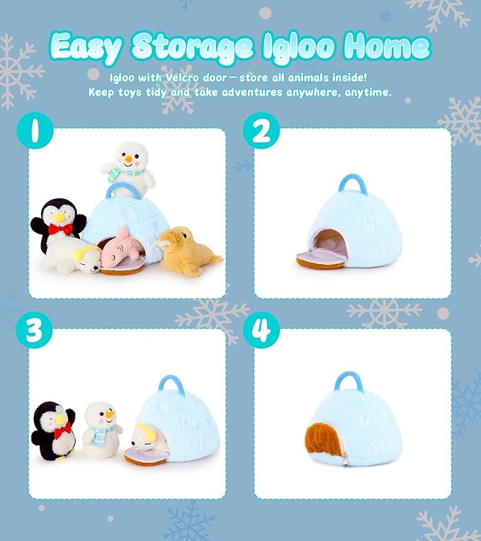 Tezituor 6 Pcs Ocean Sea Plush House with 5 Stuffed Animal Set,Sea Lions, Penguins, Sharks, Polar Bears, Snowmen Plush Toys, Soft Arctic Lgloo Plushie Gifts for Kids Christmas Valentines Birthday