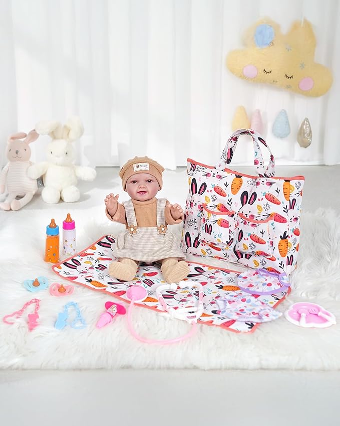 BABESIDE Baby Doll Diaper Bag Set, Portable Storage with Cute Print, Perfect for Pretend Play & Role Play for Girls, Fits 15–20 Inch Dolls with Changing Mat（Doll Not Included）