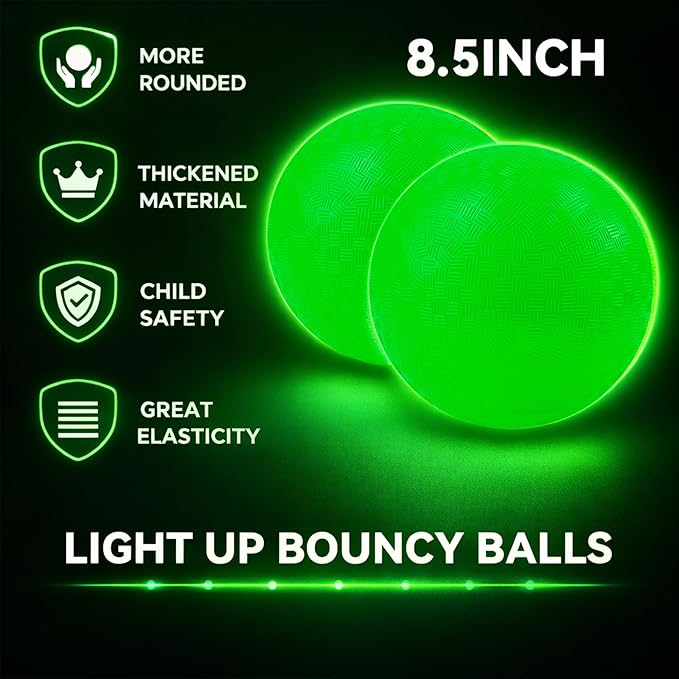 Glow in The Dark Ball 2 Pack, 8.5 Inch Light Up Kickball Playground Ball with 2 Mesh Bags & Hand Pump,No Battery Needed,Charge by Sunlight or Indoor Light, Green Luminous Rubber Bouncy Balls,Gift Box