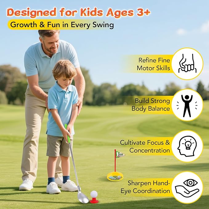 PINKPEACH Toddler Golf Set, 3-8 Kids Set with Automatic Ball Return, Mat, Glow Balls, Balls, 3 Clubs & Tees, Indoor & Outdoor Sports Game Toys for 3 4 5 6 7 8 Years Old Boys Girls