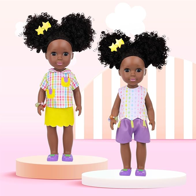 Ecore Fun 14.5 Inch Black Baby Doll, 12 Pcs Black Doll Clothes and Accessories, African Washable Realistic Silicone Girl Dolls Include Doll Clothes Shoes Phone Glasses Camera Hairpin Bracelet Stickers