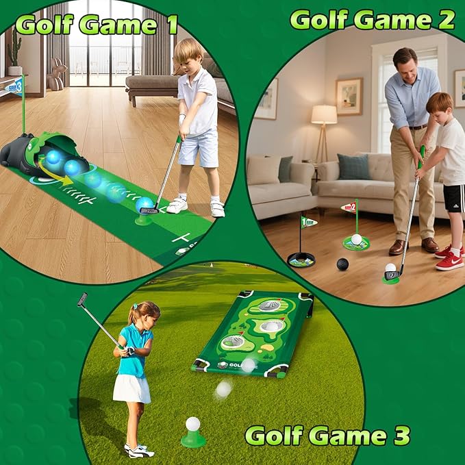 3 in 1 Kids Golf Set with Dinosaur Automatic Golf Returner, Golf Cornhole Board, Led Light Up Balls, Putting Mat, 3-8 Toddler Mini Golf Games, Indoor Outdoor Golf Toys Gift for Boys Girls 3+