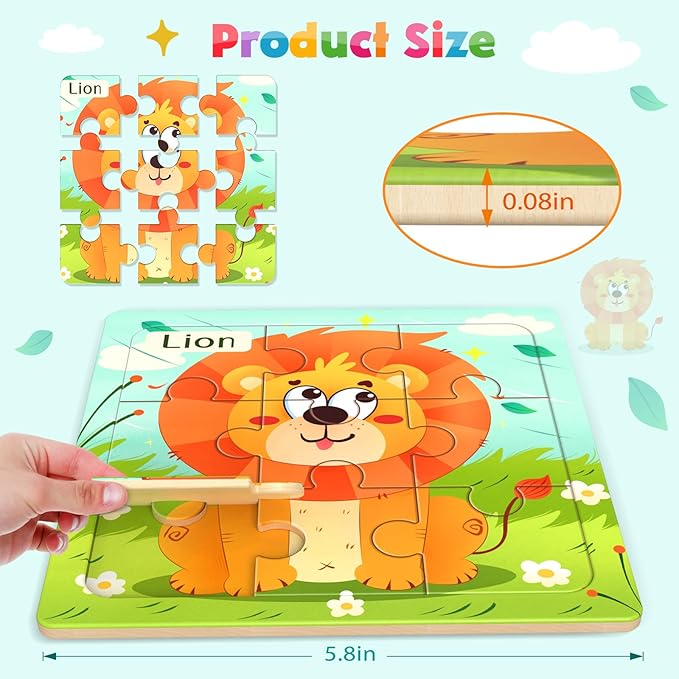 Zeoddler Wooden Puzzles for Toddlers, 8 Pack Animal Jigsaw Puzzles for Kids3-5, 9 Pieces Preschool Learning Activities, Learning & Educational Toys, Gift for Boys, Girls