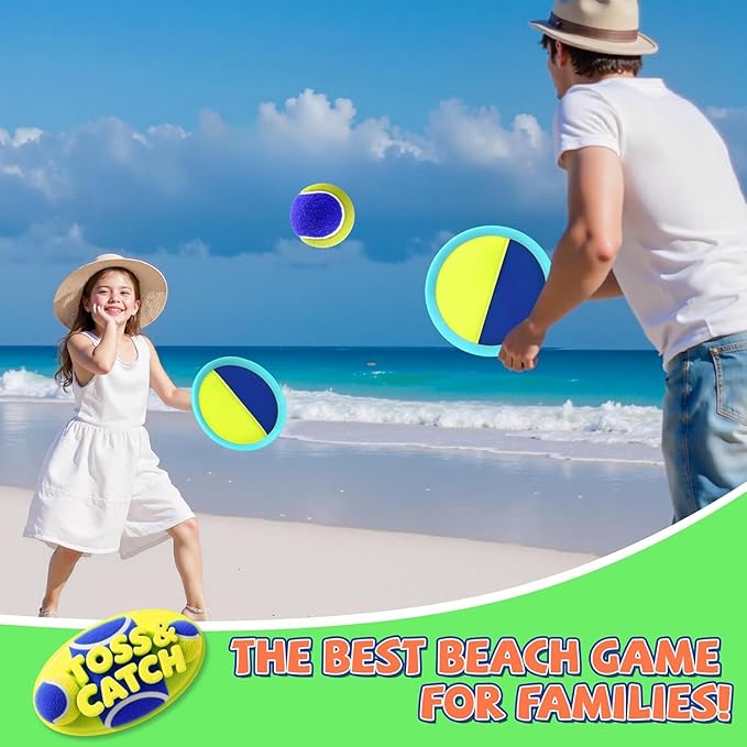 Outdoor Games - Beach Toys, Toss and Ball Set with 4 Paddles and 3 Balls, Perfect Yard Games Sets, Playground Sets for Backyards Easter Basket Stuffers for Kids (Green)