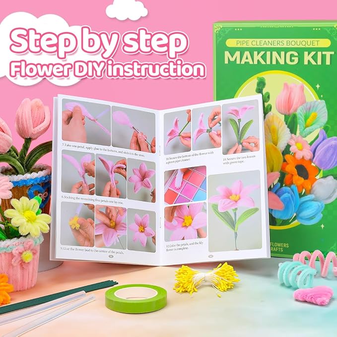 Praisebank Pink Pipe Cleaners for Crafts (400pcs with Instruction), Flower Making Kit, Chenille Stems for DIY Projecets, Arts & Crafts Supplies for Festival Party Decorations