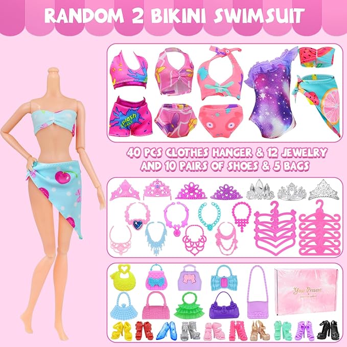 100 Pcs Doll Clothes and Accessories for 11.5 Inch Girl Dolls Outfit Including 17 Dresses, 2 Tops, 2 Pants, 2 Swimwear, 10 Pairs of Shoes, 12 Hair Accessories, 5 Bags, 40 Hangers and More