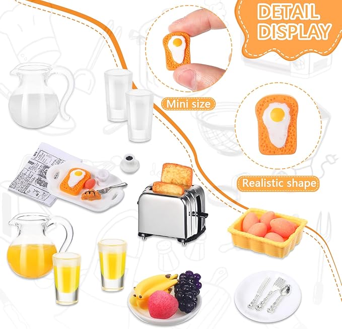44 Pieces 1:12 Dollhouse Miniature Breakfast Kitchen Accessories Mini Toast Machine Bread Juice Milk Eggs Cups Fruits Plates Knife Fork Spoons for Dollhouse Kitchen Scene and Cake Topper Decor