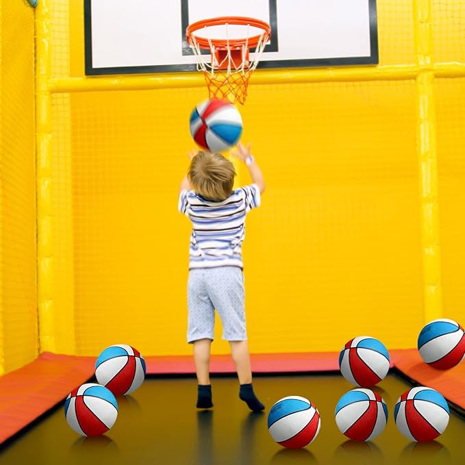 8 Pack 7 Inch Mini Rubber Basketballs Set Small Basketball with Air Pump Mini Hoop Junior Size 3 Basketballs for Beginner Arcade Games Indoor Outdoor Pool Party Favors(Red White and Blue)
