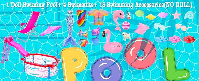 ENOCHT 46 Pcs Doll Pool Playset, Doll Pool with Slide Accessories Includes Mermaid Swimsuit, Beach Umbrella, Chair, Towel, Drink, Swimming Ring and Others Accessories fit for 11.5 inch Girl Dolls