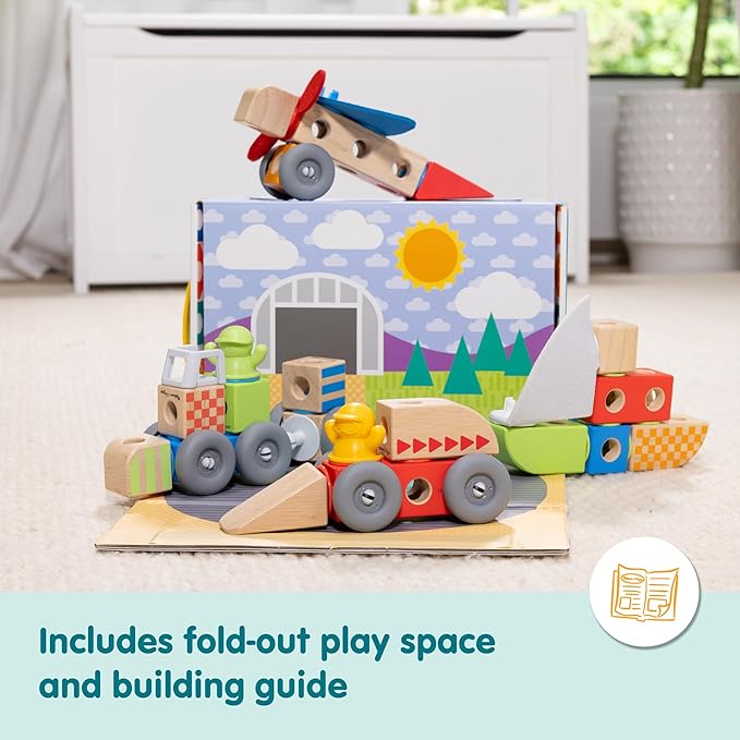 Melissa & Doug Blockables™ Vehicles Snap and Play, Mix and Match Connectable Wooden Building Blocks Play Set Toy for Preschool Boys and Girls (54 Pcs)