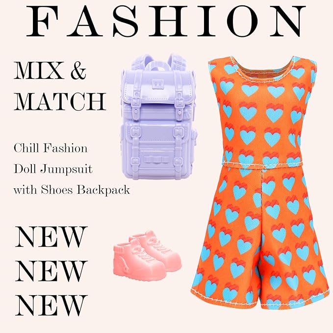 18 Pcs Doll Clothes & Accessories for 11.5 Inch Girl Dolls Include 6 Chill Outfit Hooded Sweater, Dress, Skirt, Sport Wear, Jumpsuit, 6 Shoes, 1 Backpack, 5 Accessories for Dolls Casual Wear