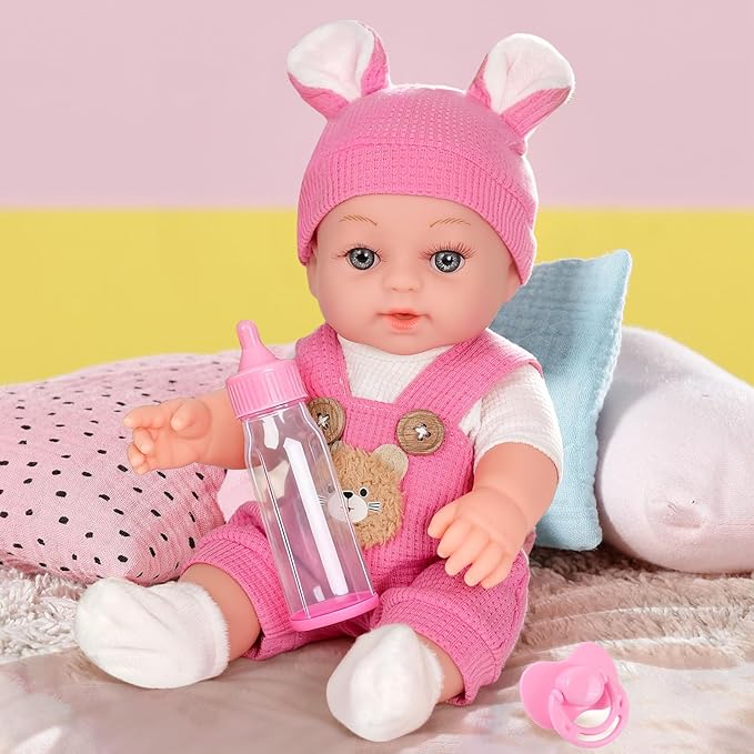 12" Baby Doll With Bear Pattern Backpack Carrier In Gift Box,12 Inch Realistic Baby Dolls With Clothes And Accessories Hanky Pacifier Bottle Pretend Baby Care Toy Collection For Child Toddler 3+ Gifts