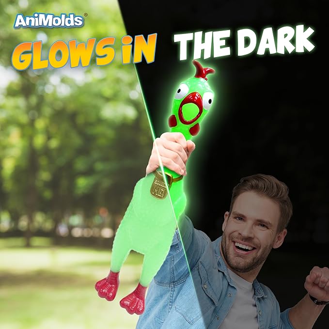 Animolds Squeeze Me Rubber Chicken Toy | Screaming Squeaky Chicken for Kids & Dogs | Novelty Prank Gag Gift (6 Pack Glow in The Dark)