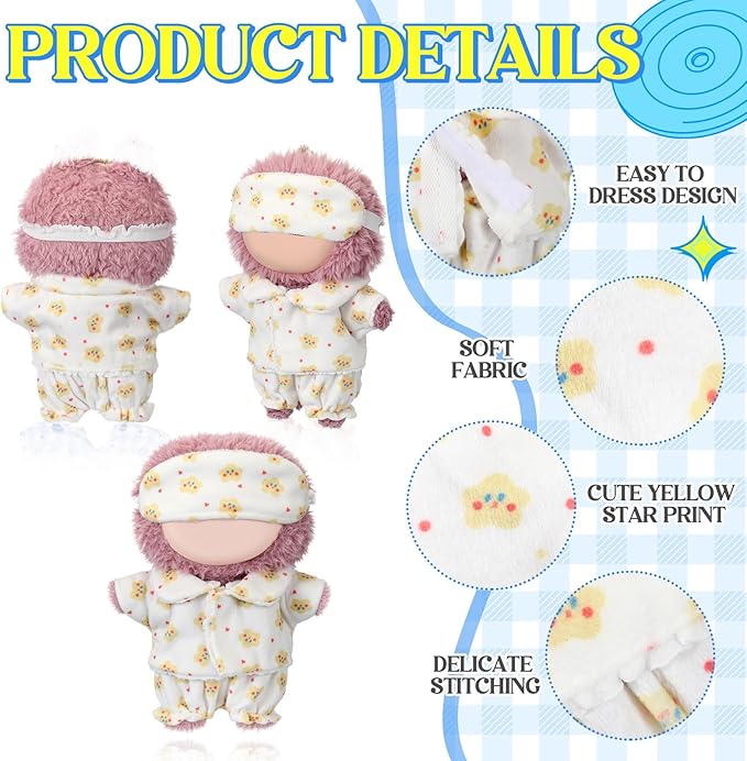 Simgoing 17cm Doll Clothes Pajamas Set with Pants Eye Mask Good Night Bedding Clothes Outfit Gifts Fits Most 17cm Dolls Accessories for DIY Dress up Lovers (Yellow Star)