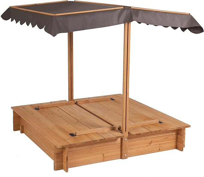 BIRASIL Wood Sandbox with Cover, Sand Box with 2 Bench Seats for Aged 3-8 Years Old, Sand Box for Backyard Garden, Beach Patio Outdoor (Natural Wood, 48 Inch)