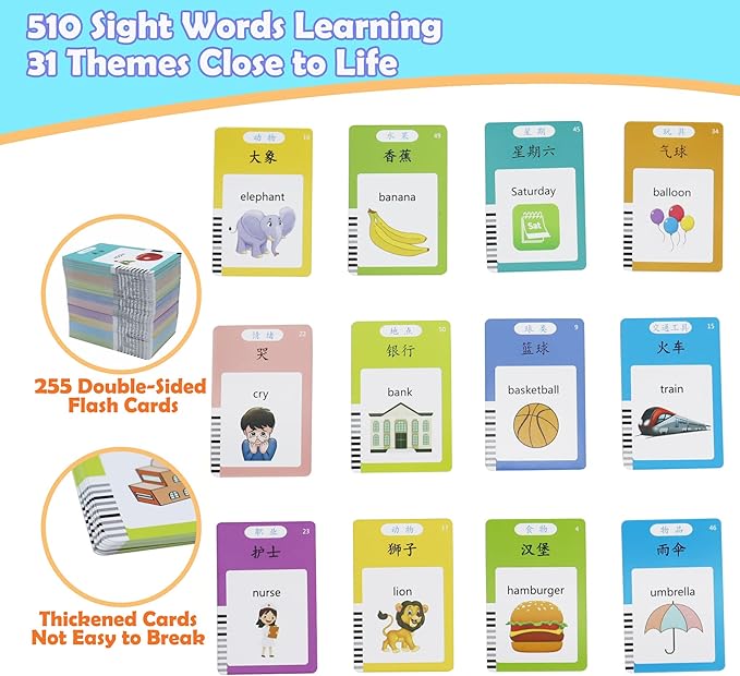Mayaphilos 510 Sight Words Chinese and English Talking Flash Cards, Early Education Card, Learn Mandarin for Kids, Learning Cards for Toddlers Birthday Gifts