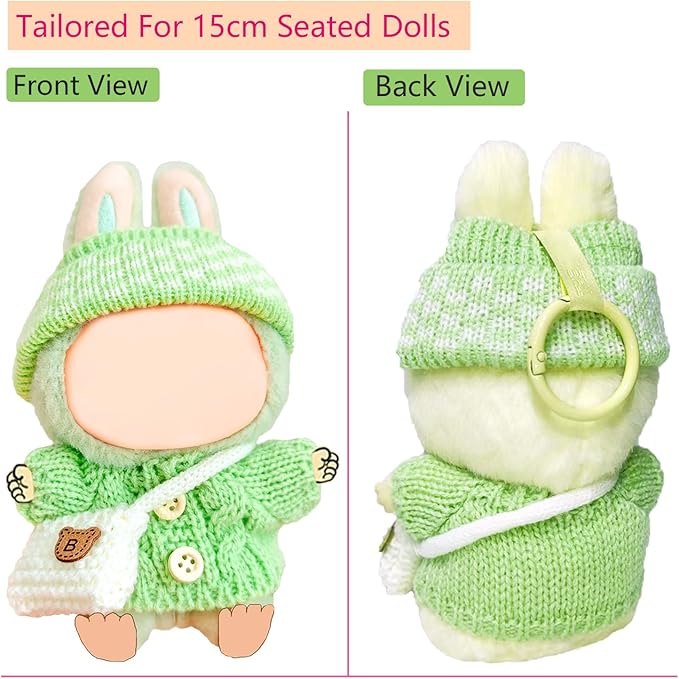 17cm Doll Clothes Set for Lububu, Designer Hand-Crocheted Green Sweater Outfit with Hat & Backpack，Cute Ropa Clothing and Accessories for 15cm Have a Seat Series Dolls Display and Dress-Up