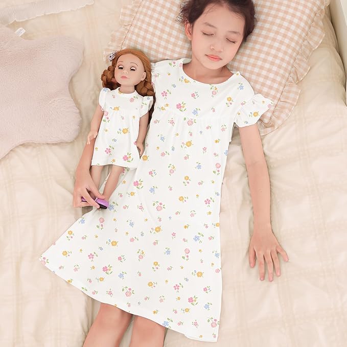 ICOSY Matching Doll & Girls Nightgowns Clothes Girls Pajamas Sleepwear Outfit for Kids and 18" Girl Doll