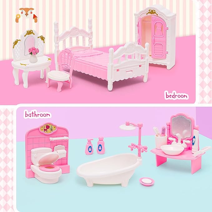 HAPGFS 45 Pcs Dollhouse Furniture Set Accessories Doll House Mini Furniture Pretend Play Bedroom Living Room Bathroom Kitchen for Kids Birthday and Christmas Pink