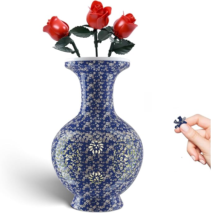 3D Puzzles Vase for Adults, 200 Pieces Plastic DIY Unique Flower Vase with LED Light House Warming Gift Birthday Gifts for Flower Arrangements and Home Decor (C-Midnight Blue Blossom)