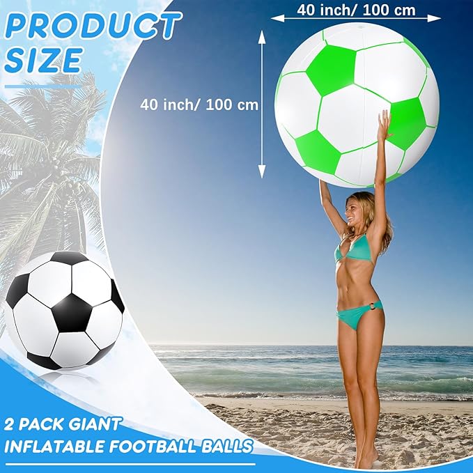 Lewtemi 2 Pcs 40 Inch Giant Inflatable Soccer Ball Large Huge Beach Balloons Oversized Football Sport Birthday Party Decoration Favor Gift Pool Supplies for Outdoor Piñata Activity