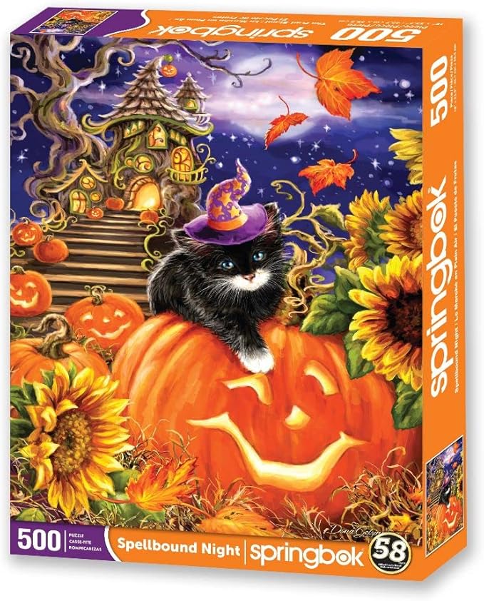 Springbok - Spellbound Night - 500 Piece Jigsaw Puzzle- Black Cat, Sunflowers and Pumpkins Usher in Halloween