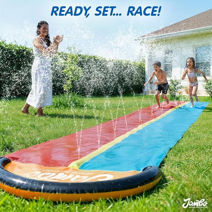 JAMBO Premium 24Ft Budget Slip Splash and Slide, Heavy Duty Water Slide with Advanced Sprinkler System, Backyard Waterslide, Splash Mat, Outdoor Water Toys n Slides for Kids