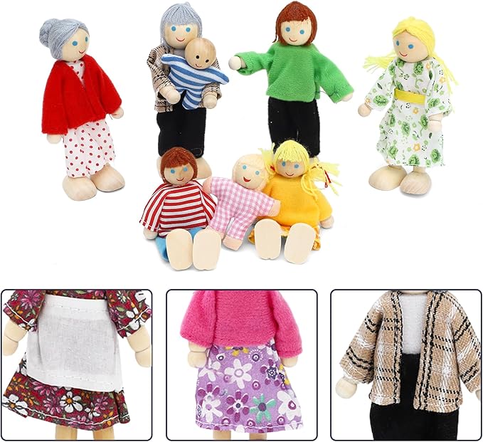 ONEST 23 Pieces Wooden Dollhouse Family Set Mini People Figures Sets Dollhouse Dolls Wooden Doll Family Pretend Play Figures Accessories for Pretend Doll House
