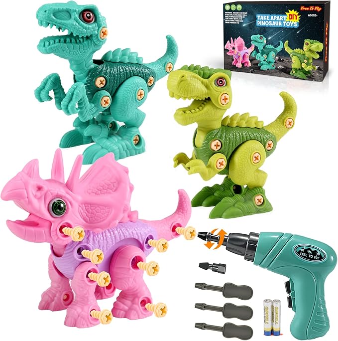 FREE TO FLY Dinosaur Toys for 3 4 5 6 Years Old Girls, Take Apart Dinosaur Learning Toys for Kids 3-5 5-7, STEM Building Construction Set with Electric Drill, Birthday Ideas