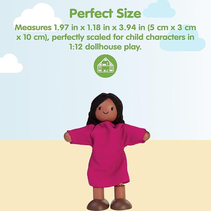PlanToys® Girl Wooden Dollhouse Figurine | Poseable 1:12 Scale Mini Doll (4 Inch) | Dollhouse Accessories for Pretend Play | Eco-Friendly Montessori Toy for Kids Ages 3+