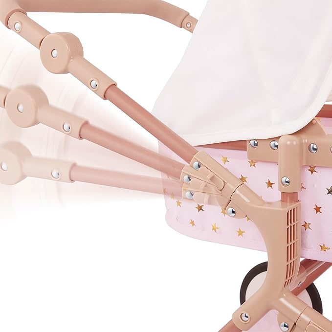 LullaBaby – 14-Inch Accessories – Pink Toy Stroller with Gold Stars for Twins – Foldable Canopy, Swivel Wheels & Storage Basket – Pretend Play 2+ Years