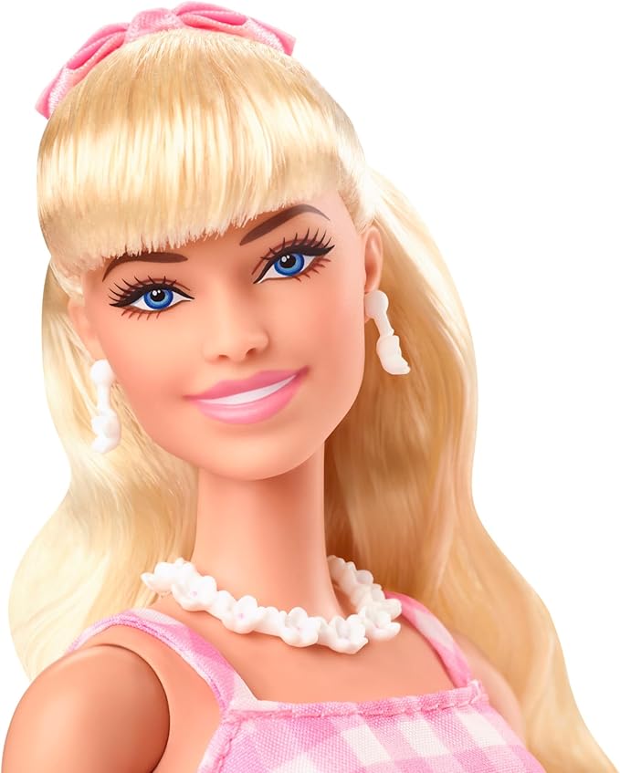 Barbie the Movie Doll, Margot Robbie as, Collectible Doll Wearing Pink and White Gingham Dress with Daisy Chain Necklace