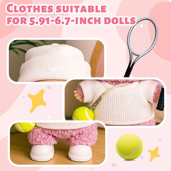 17cm Doll Clothes for Lububu Dolls，Designer Jerseys Clothes Suitable for lububu Dolls Outfits and Accessories Set， Includes top + Pants + Tennis Racket + Ball Charm + Shoes (White)