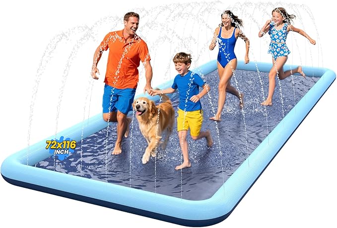 VISTOP Non-Slip Splash Pad for Kids and Dog, Thicken Sprinkler Pool Summer Outdoor Water Toys - Fun Backyard Fountain Play Mat for Baby Girls Boys Children or Pet Dog (116 * 72 inch,Blue&Blue)